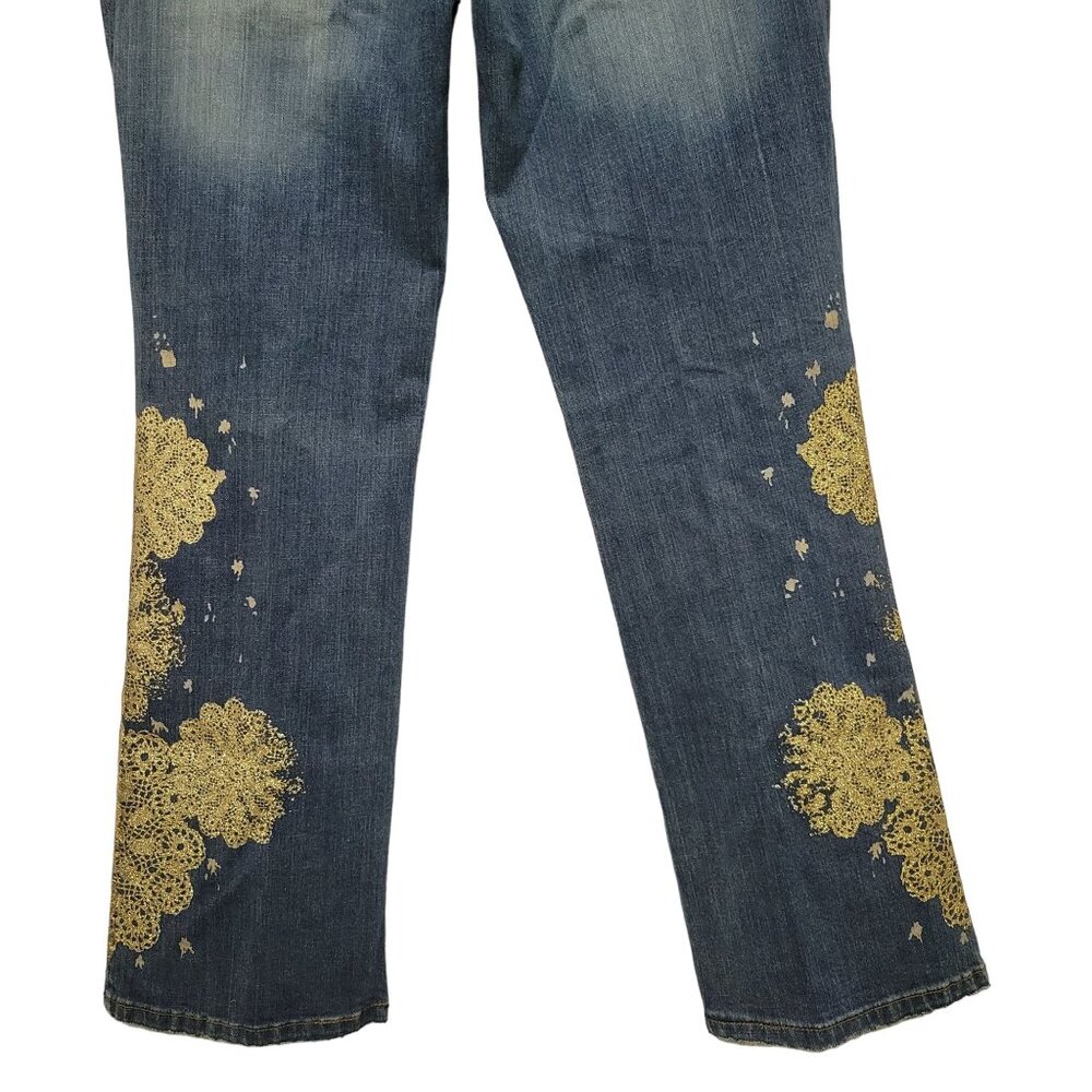 DKNY NWT Size 12 Jeans Denim Gold Glitter So Low Lita Chain Belt Boot Distressed - Picture 8 of 16